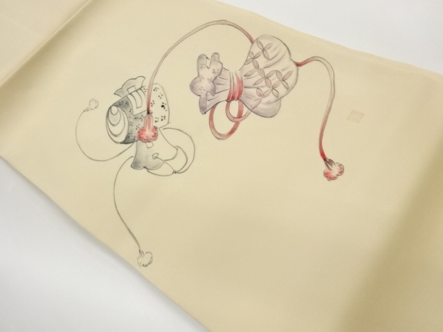 作家物　塩瀬手描き小槌に巾着模様名古屋帯